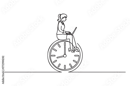Drawing of businesswoman using computer laptop sitting on clock working. one line Icon drawing with white background