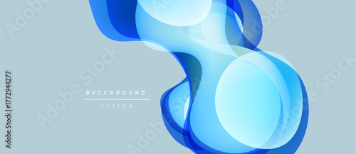 Abstract blue shapes overlap, creating dynamic fluid design. Light gradients suggest movement, modern aesthetic. Background is gray.