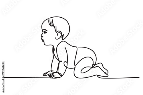 Drawing of side view of pretty crawling baby. one line Icon drawing with white background