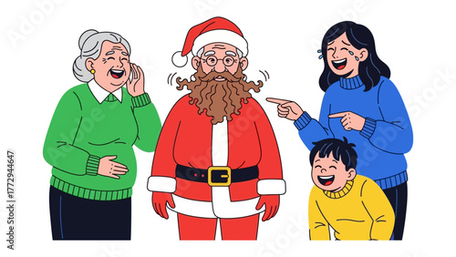 Festive Joy: Illustration of santa with a group of cheerful people sharing a moment of laughter during christmas time.