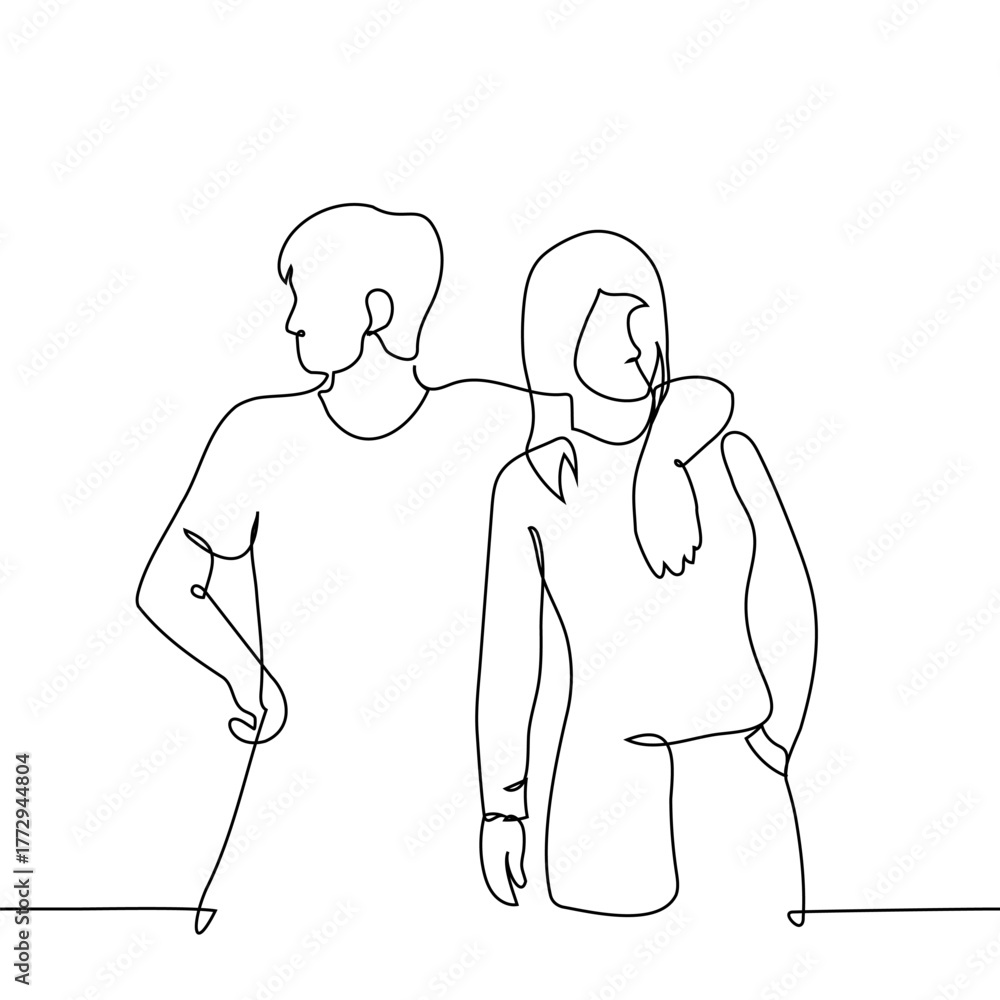 Fototapeta premium man and woman standing next to each other, his hand on hers, looking in different directions - one continuous line, isolated on white. Couple, siblings, opposite sex friends hugging