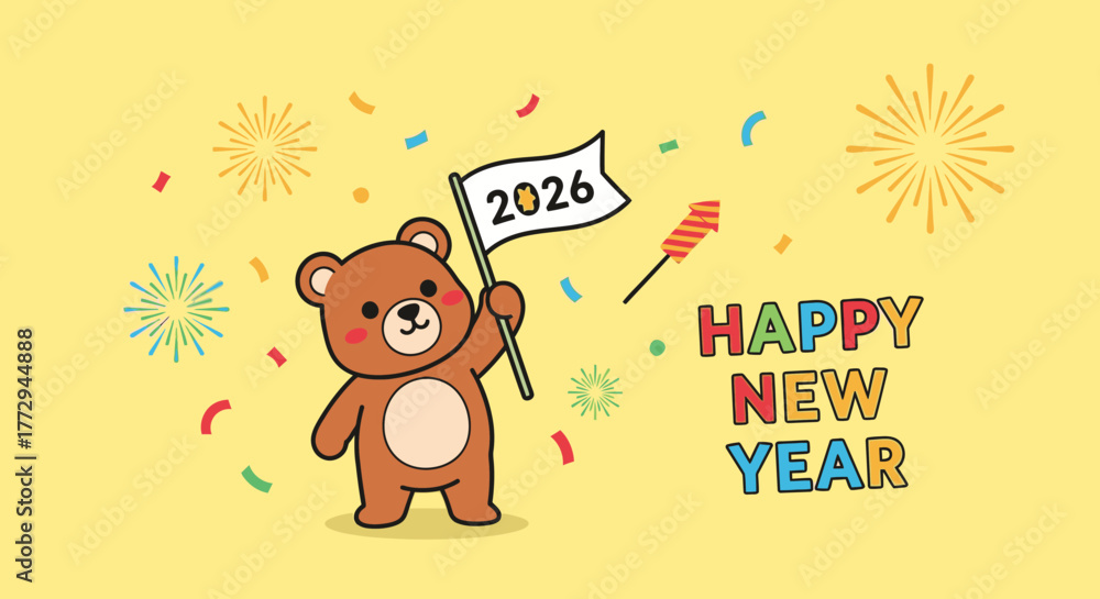 Naklejka premium Cartoon bear holding a flag with 