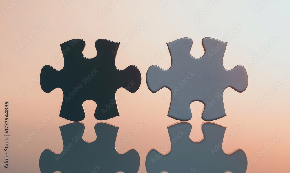 Obraz premium Two puzzle pieces reflecting on a surface, representing connection and problem-solving