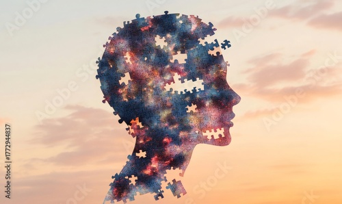 Human head silhouette forms from galaxy puzzle pieces breaking apart against an orange sky