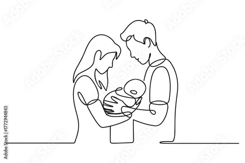 Illustration of woman and man holding a newborn. Mom, dad and baby. one line Icon drawing with white background