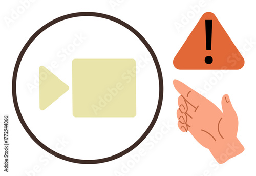 Video play icon inside circle with triangular alert sign and pointing hand. Ideal for user error, caution, troubleshooting, warning, interruption, issue notification, and digital alert. Minimal flat