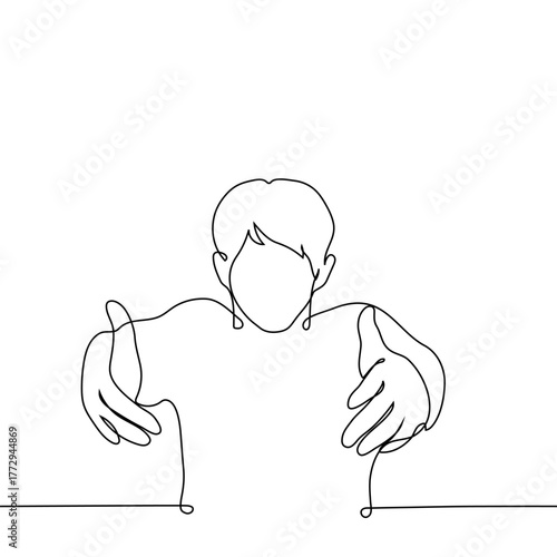 close up of a man stretching his arms forward, frontal view - one continuous line, isolated on white. man wants to be pulled forward or wants to pull someone else forward