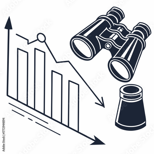 Downward trending graph with binoculars and a conical object chart bar graph