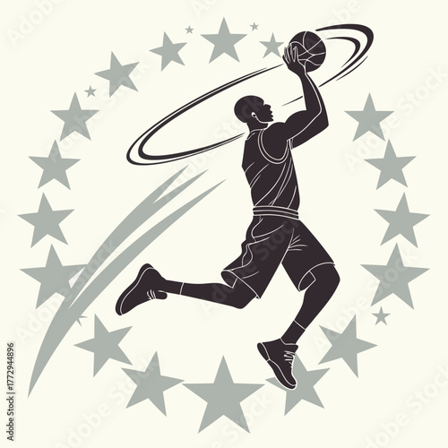 Basketball Player Silhouette Mid- Jump Surrounded by Stars action