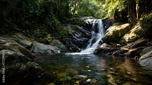 Tropical jungle waterfall with smooth water flow and golden morning sunlight glow