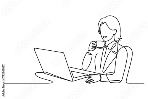 Cartoon of business lady chilling out, drinking coffee, watching online tutorials at work place, station. one line Icon drawing with white background