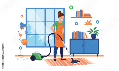 Woman Cleaning Room with Vacuum Cleaner Domestic Chores Illustration