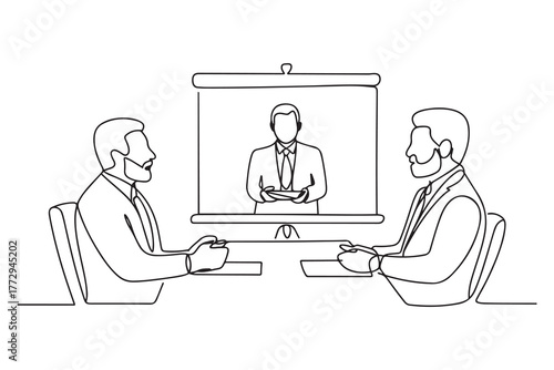 Business meeting between arabic business men. Concept of presentation. one line Icon drawing with white background