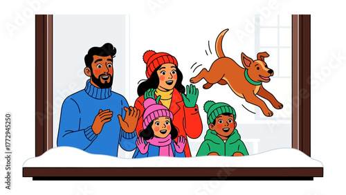 Winter Wonderland Family: A heart-warming illustration of a family gazing through a window, observing their playful dog leaping joyfully in a snowy, winter scene.
