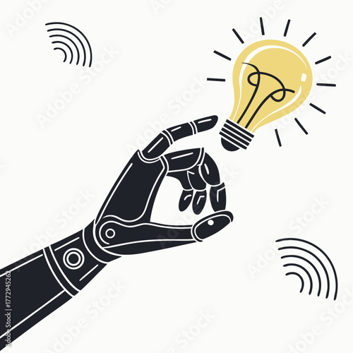 Robotic Hand Holding a Glowing Light Bulb with Wireless Signals robot hand robotic arm