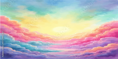 A beautiful, dramatic cloudscape with a bright, colorful rainbow, sunset, and orange sunlight in the blue sky