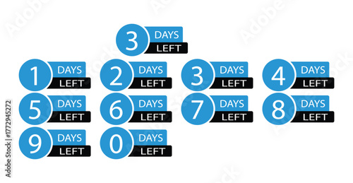 Countdown of days 1,2,3,4,5,6,7,8,9,10. The days left badges. A countdown is going on, one day I left a badge and a label to calculate the date of work. Offer timer, sticker limited to a few days.