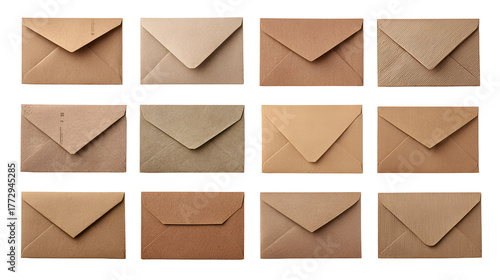 Collection of small kraft paper envelopes arranged in a grid