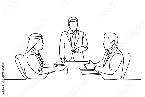 Business meeting between arabic business men. Concept of presentation. one line Icon drawing with white background