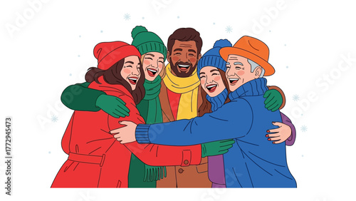 Warm Embrace: A cheerful group of friends huddles together in a loving embrace, their faces alight with joy and camaraderie. They are bundled up, suggesting a cold, cozy winter's day.