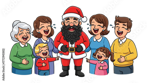 Santa Claus Laughter with family: A heart-warming cartoon illustration depicts a jubilant Santa Claus surrounded by a multi-generational family.
