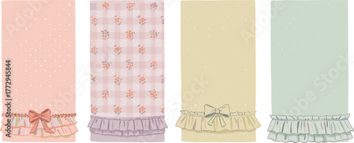 Four pastel rectangles with ruffled trim and bows on transparent background