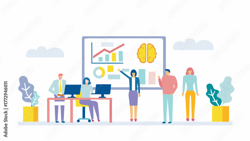 Obraz premium Diverse team collaborating and presenting business growth data and innovative ideas on a whiteboard in a modern office setting