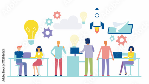 Diverse team collaborating on innovative ideas and projects with lightbulbs gears and a rocket ship symbolizing startup growth and creativity