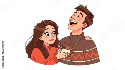 Warmth & Laughter: A Tender Moment of Joy shared between a Loving Couple. Featuring the couple, coffee cup, sweater. Capturing the intimacy and tender moment in illustration style.