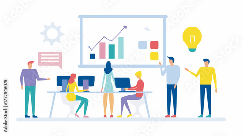 Diverse team of professionals collaborating in a modern office setting discussing business growth and ideas