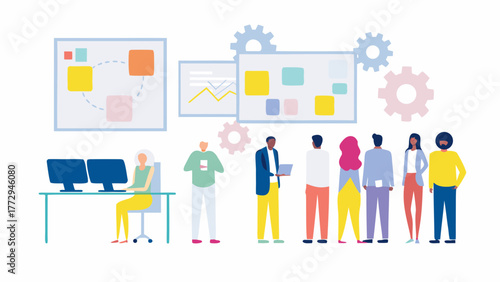 Diverse team of professionals collaborating on a project with charts and diagrams on boards and gears symbolizing teamwork and efficiency