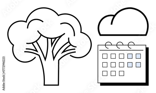 Stylized tree, cloud, and calendar concept for sustainability, environmental awareness, and nature conservation. Ideal for eco-planning, carbon footprint, climate strategy, scheduling environment