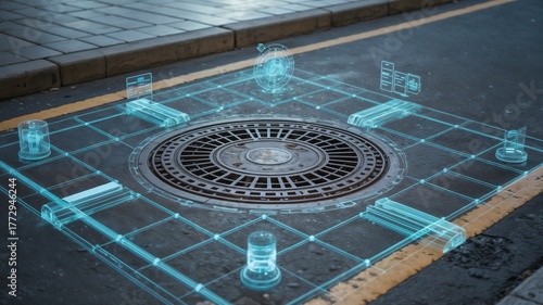 Smart city canalization system in urban planning featuring manhole with layout of underground pipelines overlay 