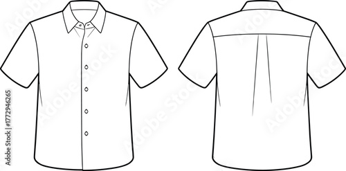 Short sleeve button up shirt technical flat, fashion apparel design sketch, front and back clothing template, vector garment illustration