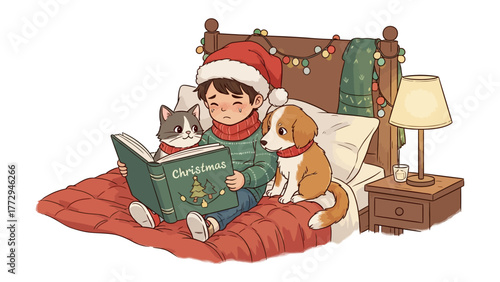 Christmas Storytime: A cozy Christmas scene featuring a young individual, nestled on a bed, sharing a heartwarming story with a cat and dog. The room is softly illuminated.