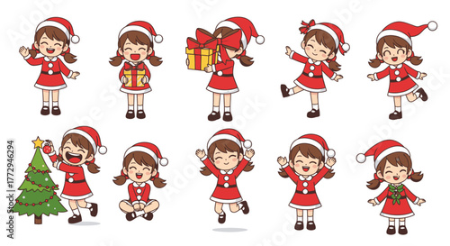 A collection of cartoon illustrations depicting a young girl in a Santa Claus outfit, engaging in various joyful actions.