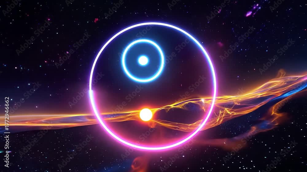 Abstract cosmic landscape with glowing neon circles and a sunlike orb, representing space exploration and futuristic technology