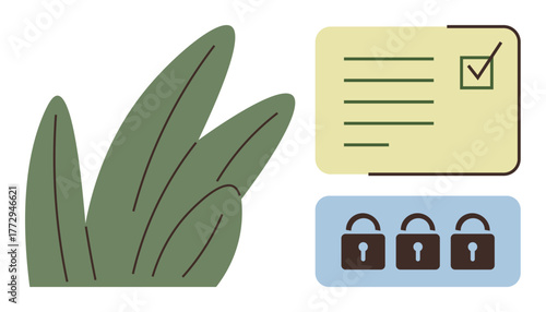 Checklist with a marked task, three security locks, and leaf design represent eco-friendly practices, data protection, regulatory compliance, and secure systems. Ideal for sustainability, privacy