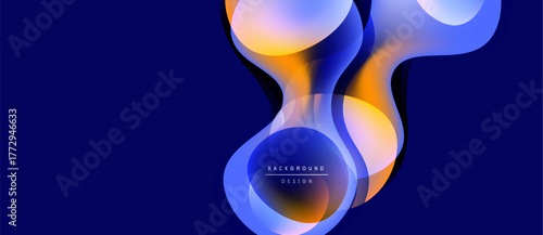 Abstract fluid shapes overlap, creating vibrant orange, blue gradients. Dark navy background enhances colorful design elements. Modern aesthetic.