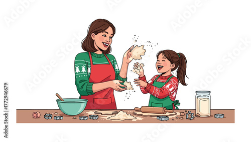 Joyful Baking: A heartwarming illustration captures a mother and daughter sharing a delightful moment, as they bake together, creating sweet treats with smiles and laughter.