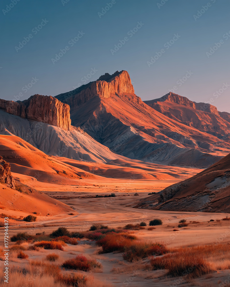 Fototapeta premium Desert landscape reveals vibrant orange horizon at dusk with majestic mountains