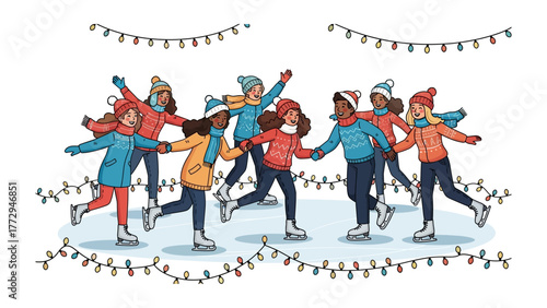 Ice Skating Festivities: A lively illustration of friends enjoying ice skating. The joyful scene captures the spirit of winter fun with vibrant colors and dynamic movement. 
