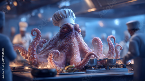 Fototapeta Naklejka Na Ścianę i Meble -  Culinary mastery in the underwater kitchen with a unique octopus chef