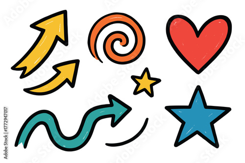 Colorful doodles of arrows, stars, and swirls for creative design. Set of 6 vector illustration