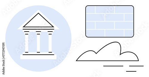 Pillared structure conveys tradition, brick wall symbolizes strength, cloud-thumbs up form suggests innovation. Ideal for stability, protection, growth, institutions, architecture, goals progress