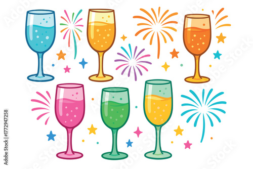 Glasses filled with vibrant drinks sparkle amongst colorful fireworks. Set of 6 vector illustration