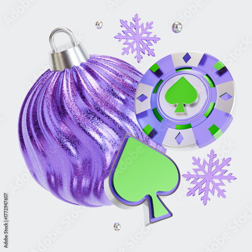 3d icons of christmas balls and casino chip decorations.