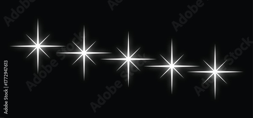 Five white glowing star shapes aligned diagonally on a stark black background, creating a celestial effect