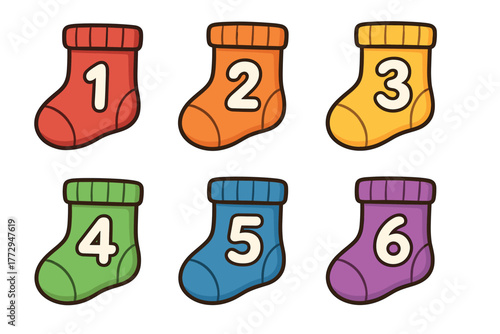 Colorful numbered socks for creative activities or decorations. Set of 6 vector illustration