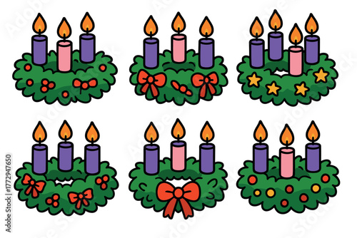 Advent wreath decorations with candles for festive season. Set of 6 vector illustration